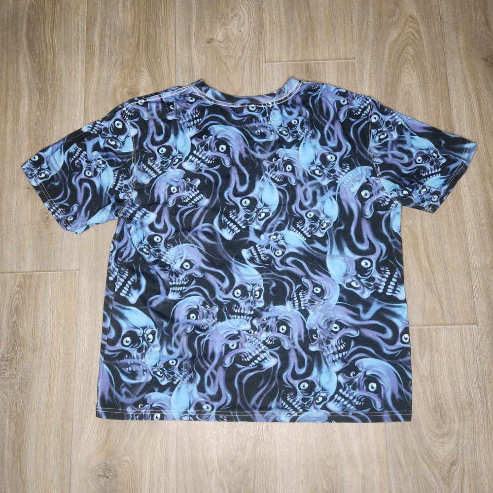 Empyre Mens XL Boxy Blue Purple Flaming Skull All Over Print Rhinestone T-Shirt - Picture 4 of 6